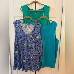 Woman Within Bundle of 3! Floral and Solid Tunic Tops in Blue and Green EUC
